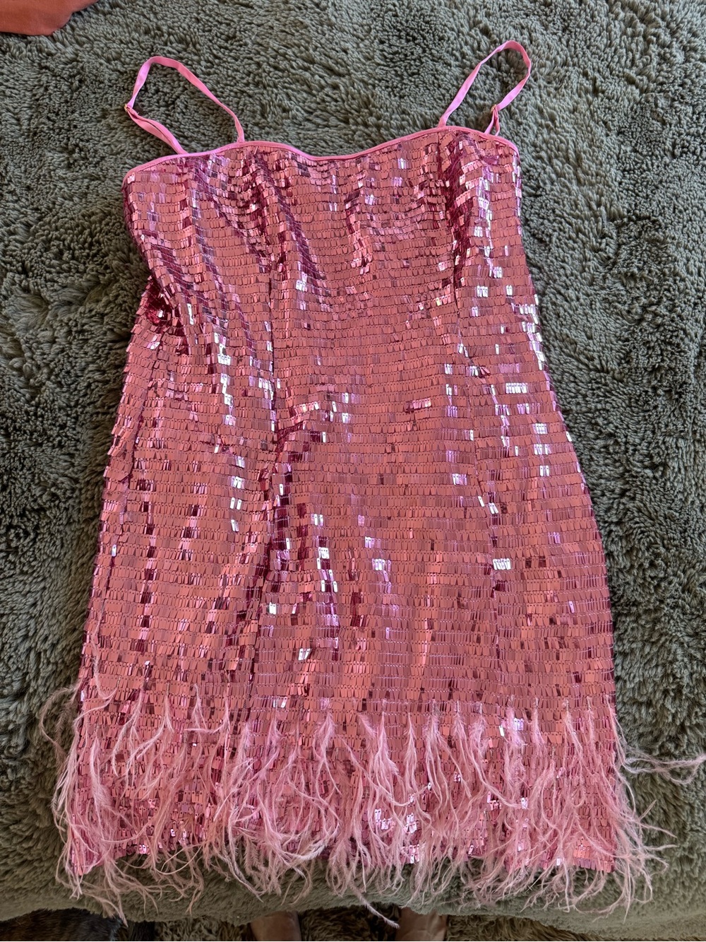 Anthropologie Pink Sequin Feather Slip Dress